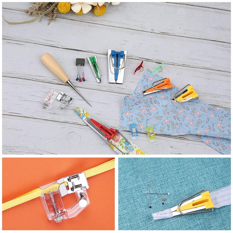 LUNARM Bias Tape Tool Kit with Instruction, 5 Sizes Bias Tape Maker (6mm 9mm 12mm 18mm 25mm) with 4 Pcs Sewing Machine Presser Foot, Sewing Clips, Ball Point Pins, Awl, for Fabric Sewing and Quilting - Image 5